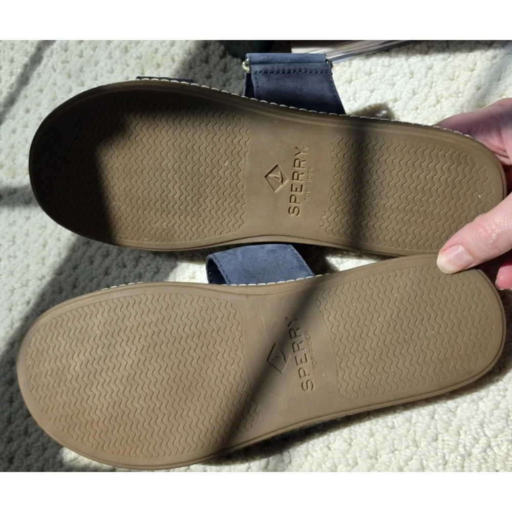 Sperry Plushwave Top-Sider Slide Sandals Navy & Tan NEW beach shoes A22-62018